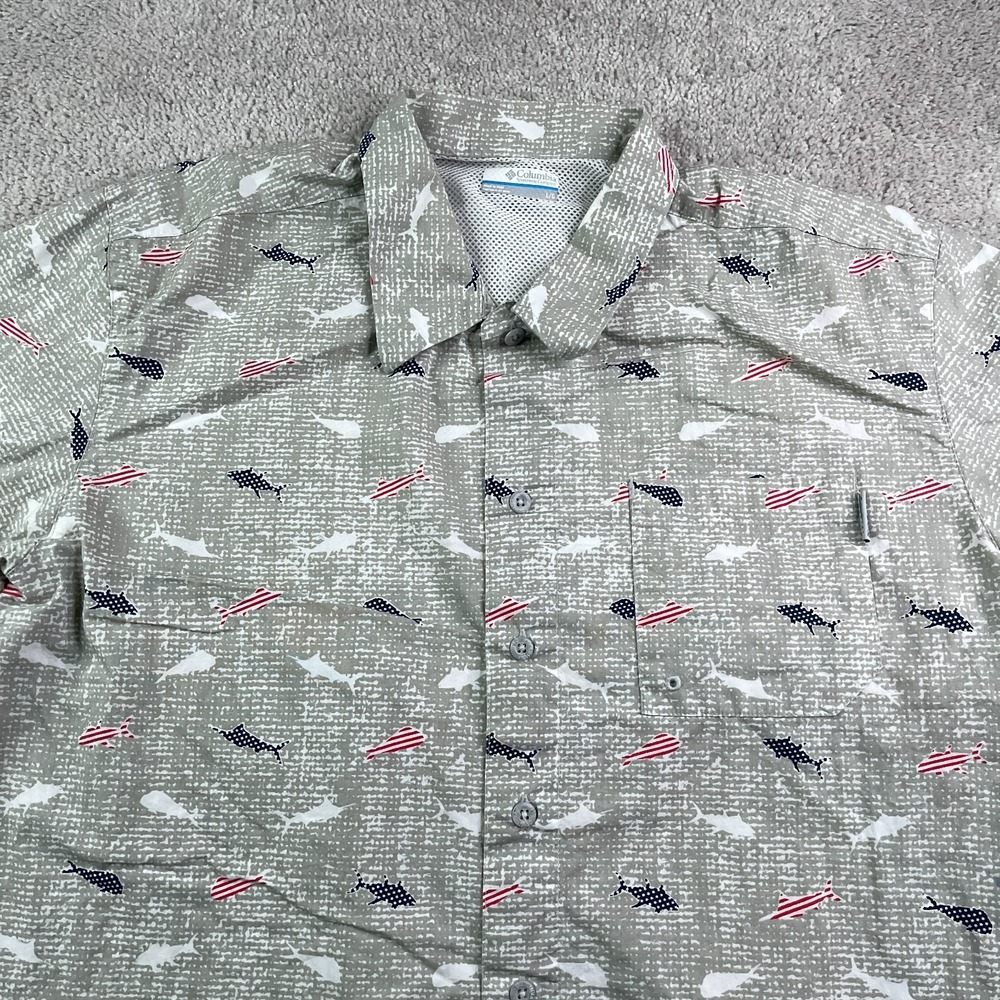 Columbia PFG Shirt Mens Large Grey Trollers Best Patriotic USA Fish Print Vented